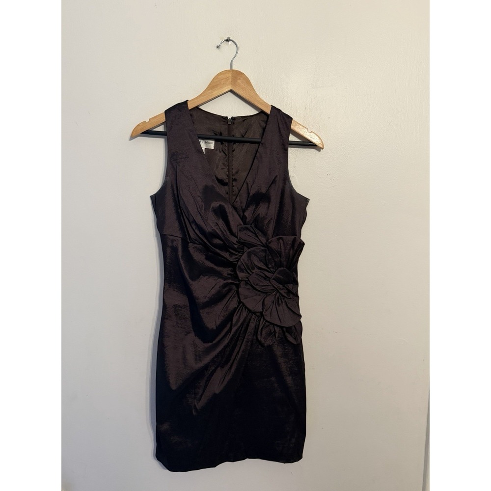 Jessica McClintock Brown Metallic Rosette Ruched Cocktail Formal Sheath Size 8